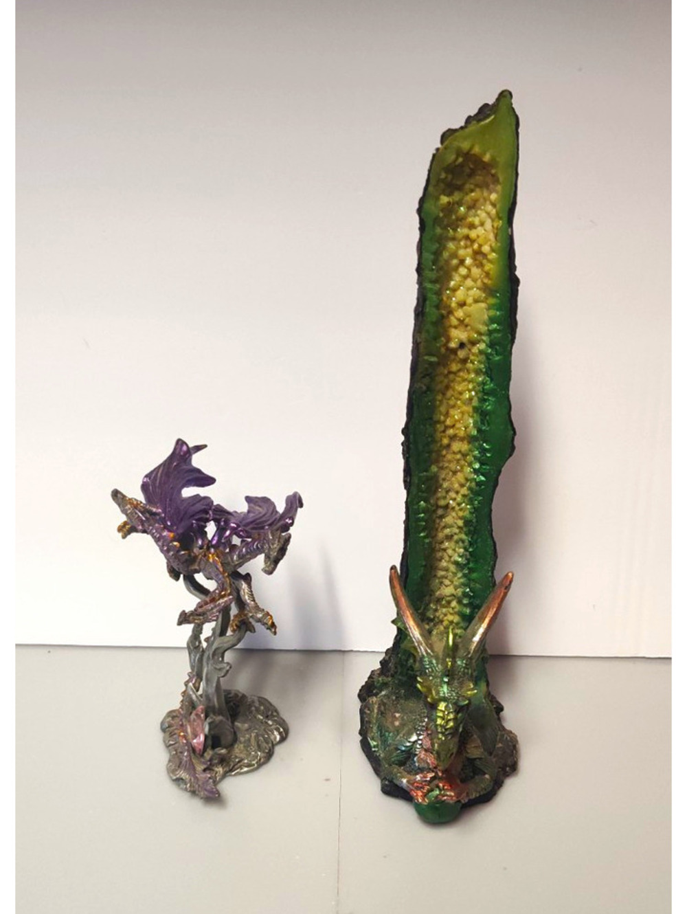 Fantasy Dragon Figurine Lot of 2 10" Green Dragon Crystal Purple Gothic Decor